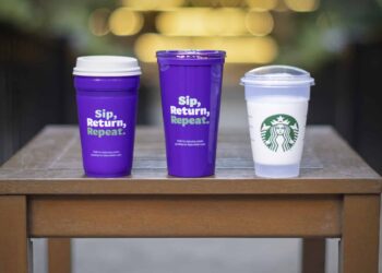 Starbucks showcase its new reusable cups as part of its returnable cup project.
