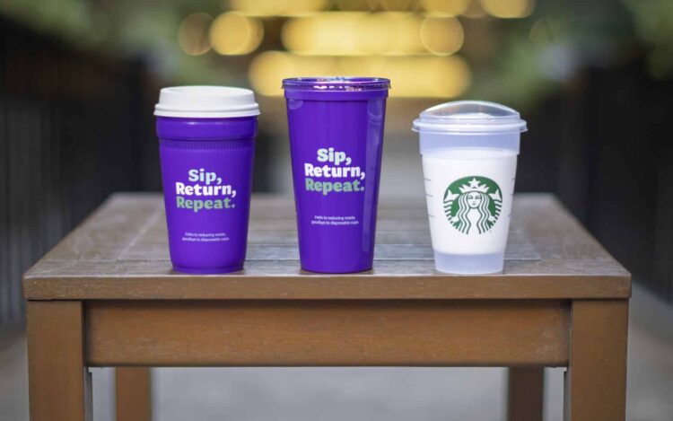 Starbucks showcase its new reusable cups as part of its returnable cup project.
