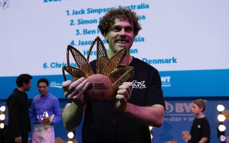 Jack Simpson celebrates winning the World Barista Championship.