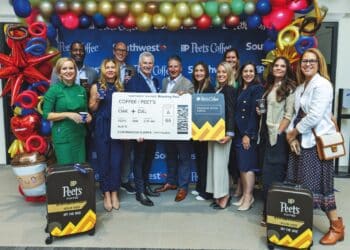 Peet’s Coffee CEO Eric Lauterbach (centre) at the launch of the brand’s partnership with Southwest Airlines.