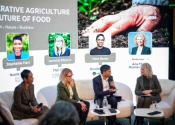 Stephanie Hart, Jennifer Morris, and Taha Bawa conduct a panel at the World Economic Forum.