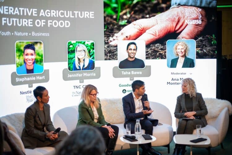 Stephanie Hart, Jennifer Morris, and Taha Bawa conduct a panel at the World Economic Forum.