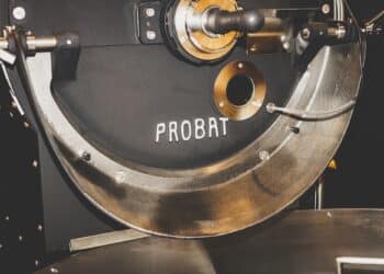 Bangkok, THAILAND - July 14 2023: PROBAT brand coffee bean roaster machine manufacturing by Emmericher Maschinenfabrik Factory found in Germany in 1868