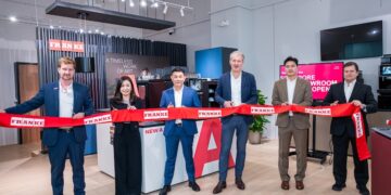 At the Franke Coffee Systems' Southeast Asia Flagship Showroom (L to R), Markus Ratfelder, Sales Director Southeast & Northeast Asia, Franke Home Solutions; Lily Chiu, Regional Marketing Manager APAC, Franke Coffee Systems; Caleb Teo, Business Development Director South and Southeast Asia, Franke Coffee Systems; Marco Zancolò, CEO, Franke Coffee Systems; Stephen Moon, Technical Director APAC & Business Development Director South Korea, Franke Coffee Systems; and Stefan Niederberger, Vice President Asia Pacific, Franke Coffee Systems. Image: Franke.