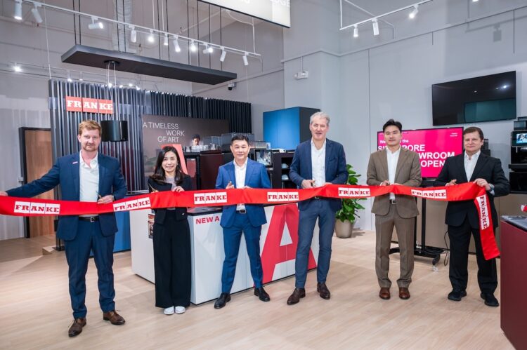 At the Franke Coffee Systems' Southeast Asia Flagship Showroom (L to R), Markus Ratfelder, Sales Director Southeast & Northeast Asia, Franke Home Solutions; Lily Chiu, Regional Marketing Manager APAC, Franke Coffee Systems; Caleb Teo, Business Development Director South and Southeast Asia, Franke Coffee Systems; Marco Zancolò, CEO, Franke Coffee Systems; Stephen Moon, Technical Director APAC & Business Development Director South Korea, Franke Coffee Systems; and Stefan Niederberger, Vice President Asia Pacific, Franke Coffee Systems. Image: Franke.