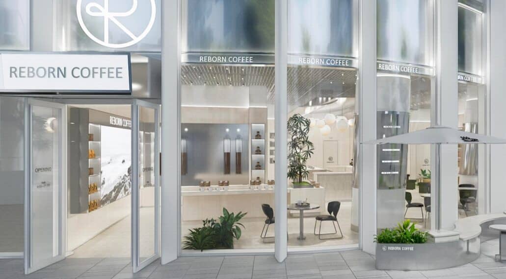 A digital mock of a Reborn Coffee location in Shenzen, China.