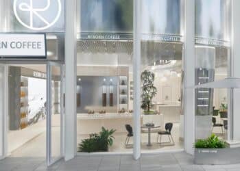 A digital mock of a Reborn Coffee location in Shenzen, China.