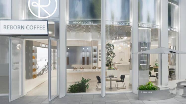 A digital mock of a Reborn Coffee location in Shenzen, China.