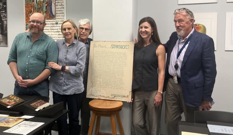 illiam Ristenpart, Jane and Jerry Baldwin, Audrey Russek, and William Garrity with the original Starbucks manifesto, at the UC Davis Library in 2025.